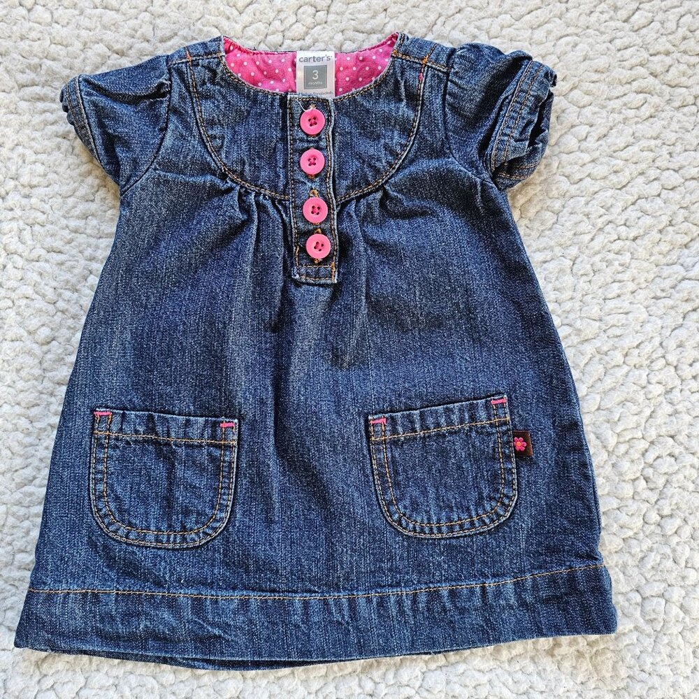Carters Baby Denim Dress 3M With Pink Polka Dot Lining & Buttons
